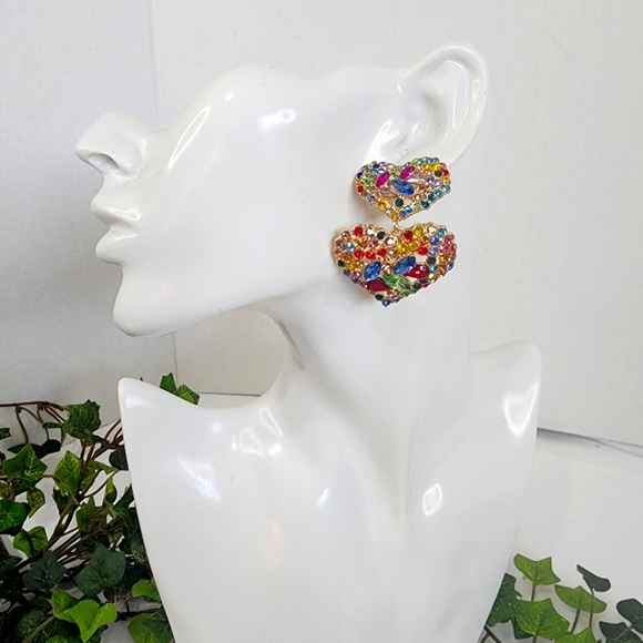Multi Color Crystal Double Heart Statement Earrings - Picture 4 of 5